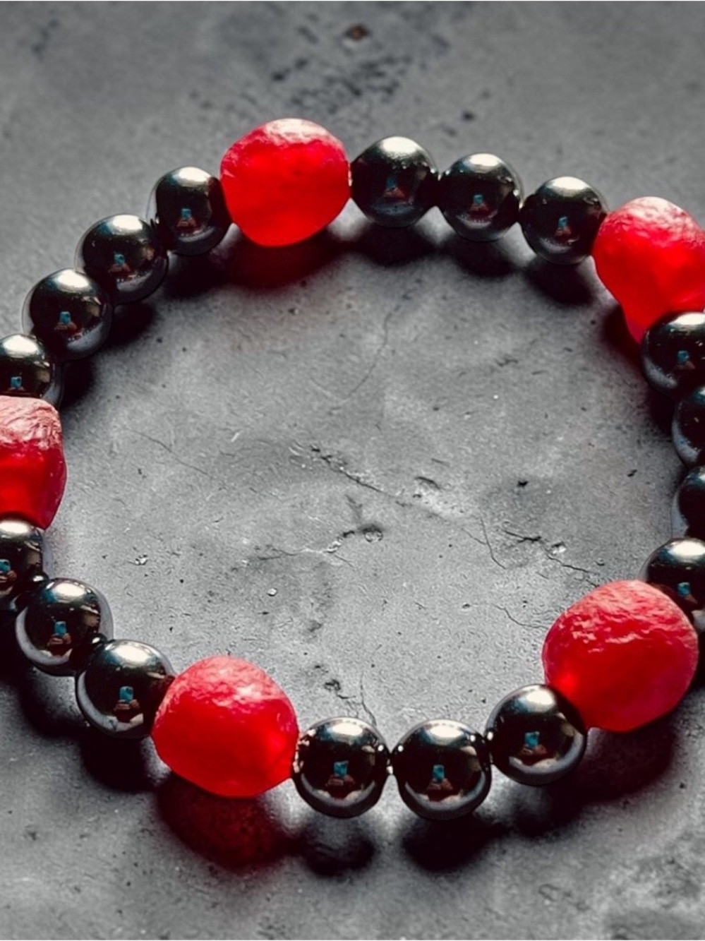 Hematite And Red African Glass Bead Stretch Bracelet 7.5" Man Woman Handmade New